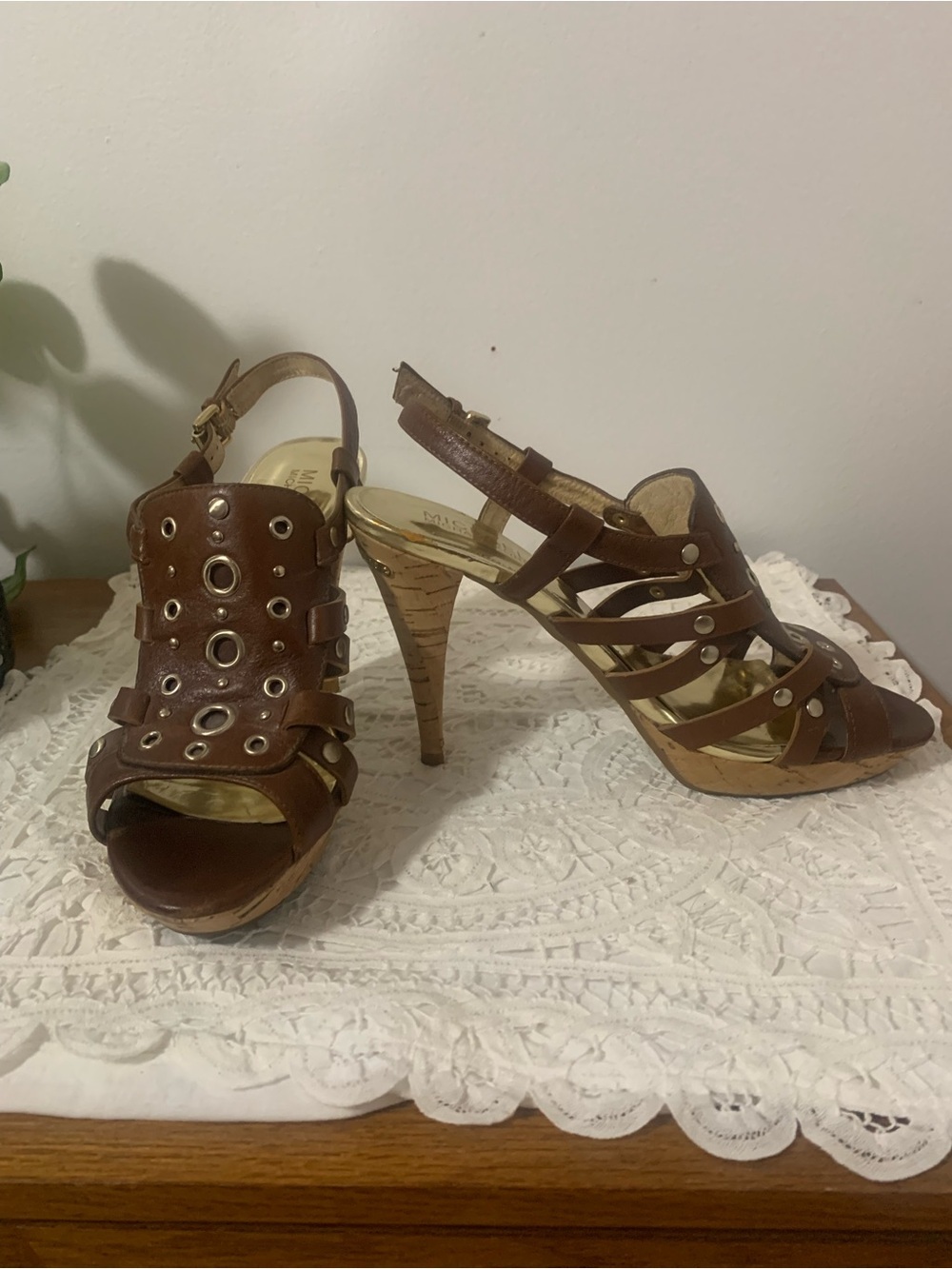 Michael Kors Laci Cork Heel Gold Rivets Ankle Buckle Size 7 1/2 MK Heel Monogram